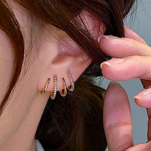 Gold Zircon Ear Claw Earrings, Ear Huggies, Minimalist, Hoops, Studs - Picture 1 of 9